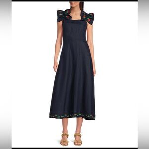 Fanm Mon Embroidered Linen Midi Dress Blue size M